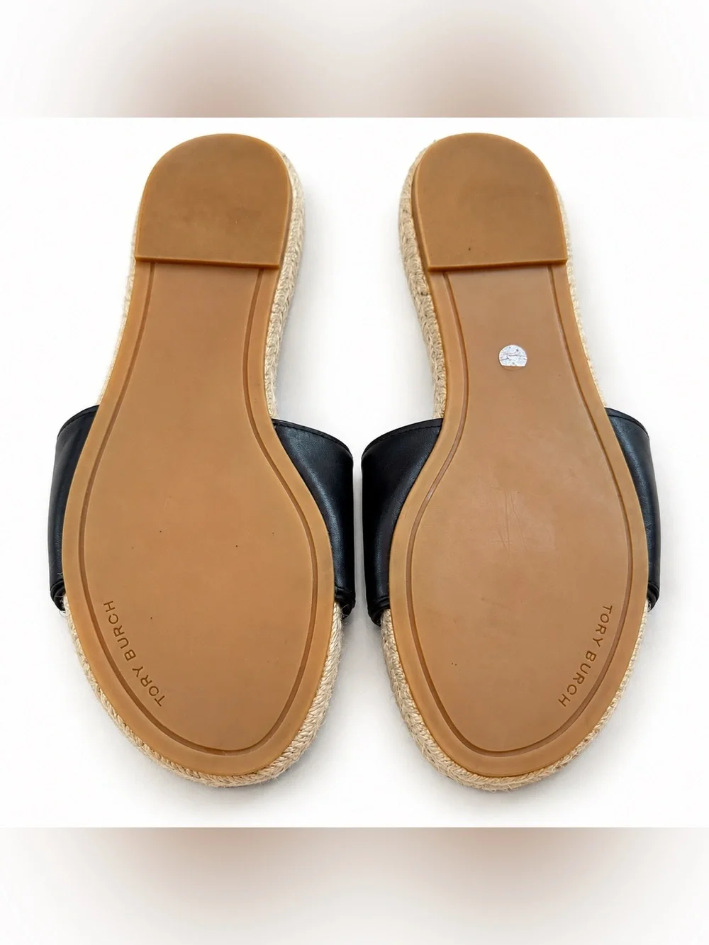 Tory Burch Black Leather Slide Sandals with Natural Rope Footbed